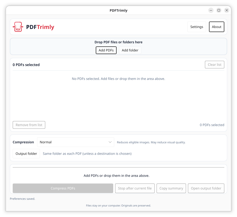 PDFTrimly desktop app showing PDF selection, compression settings, and output controls